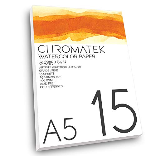 Watercolor Paper. 5.8 x 8.3”. 15 Sheets, Professional, 300 GSM, Perfect for Watercolor Pens and All Other Water Based Medium, Cold Pressed, Watercolor Pad. Fine Grade