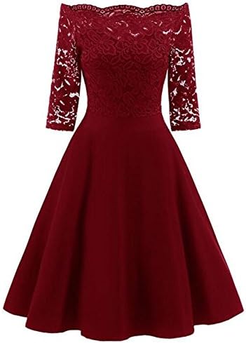 Luyeiand Women's Vintage Floral Lace Long Sleeve Boat Neck Cocktail Formal Swing Dress,Red,Medium