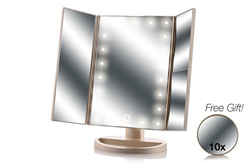 Asani Tri-Fold Lighted Magnification Makeup Mirror with a FREE 10X Spot Mirror | 21 LED Lights & Touch Control
