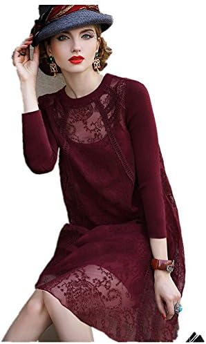 MoonlightCity Women Autumn Winter Causal Silk Two-piece Loose Dress Wine Red M