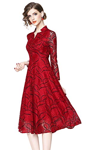 Vintage Long Sleeve A-Line Dress for Women V Neck Button Cocktail Party Casual