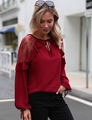 Blooming Jelly Womens Red Lace Top Tie V Neck Long Sleeve Shirt Ruffles Loose Elegant Blouse (Medium, Red)