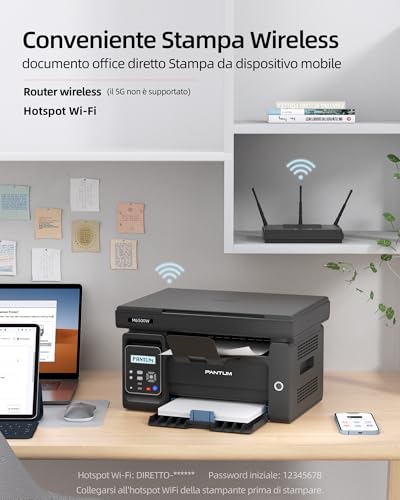 PANTUM M6500NW WiFi Multifunction Laser Printer, Duplex Manual in Black and White, 22 ppm, Ethernet, USB 2.0, Resolution 1200 x 1200 dpi, Print, Copy and Scan for Small Home Offices