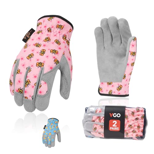 Vgo... 2 pairs Kids Garden Gloves in Leather Palm No-slip, Children Toddler Work Gloves for Gardening Yard Paly Outdoor,Gift Boys&Girls — image 1