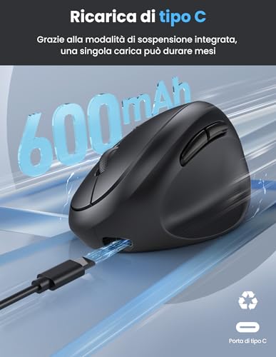 TECKNET Vertical Mouse, Ergonomic Rechargeable Bluetooth Mouse, Multi-Device (BT5.0/3.0 + 2.4G), 4800 DPI, Silent Clicks, 6 Buttons for PC, Laptop, Mac - Black