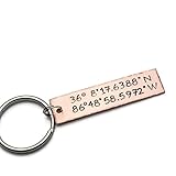 Custom Keychain Hand Stamped with GPS Coordinates and Personalized Message, Brass Copper or Aluminum Handmade Gift