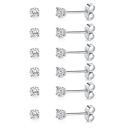 MDFUN Hypoallergenic CZ Stud Earrings Set for Women/Men,6 Pairs 18K Gold Plated Round 3-8mm Clear Cubic Zirconia Earring Pack Jewelry Gift