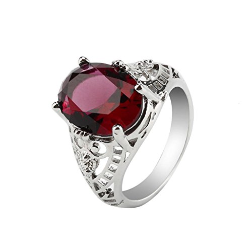 Challyhope Hot Sale! Fashion Wedding Ring For Women Oval Created Amethyst Sapphire Zircon Plated Silver Hallow Engagement Rings Jewelry (Red, 8)