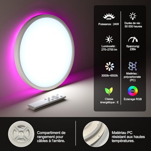 DetarZinLED 2 x Extra Flat LED Ceiling Light 30 cm with Remote Control, 24 W 2700 LM Dimmable CCT Round Ceiling Lamp, RGB Colour Changing Chandelier Children's Bedroom Night Light, IP44 Waterproof Bathroom