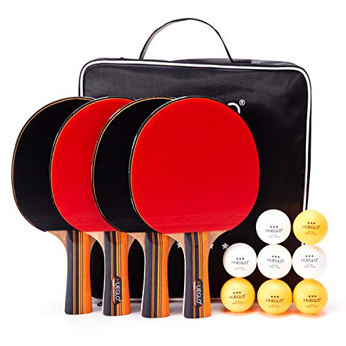 HUEGLO Outdoor Ping Pong Paddles Set of 4 Table Tennis Paddles and Balls Set for Any Table,Pro Premium Table Tennis Racket Professional Spin Rubber Bat,3 Star Balls,Portable Storage Case (Best Ping Pong Racket Brand)