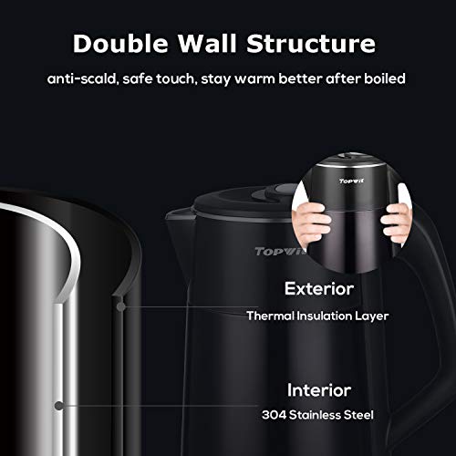 Topwit Electric Kettle, Double Wall 304 Stainless Steel Integrated Seamless Interior, 1.7L Cordless Hot Water Heater Boiler, Coffee Kettle & Tea Pot with Auto Shut Off and Boil Dry Protection