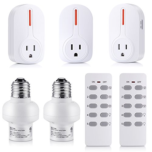 BESTTEN Wireless Remote Control Outlet Switch and Light Socket Combo Set (3 Electrical Outlets, 2 Lamp Holders, 2 Remotes), Home Automation Set