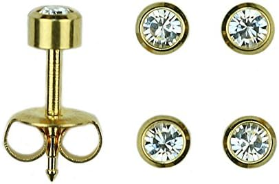 Set Of 2 Pairs 24K Gold Over Surgical Stainless Steel April RD3.0mm Bezel Setting Stud Earrings