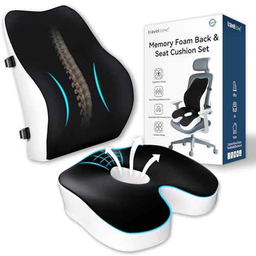Travel Ease Memory Foam Seat Cushion and Lumbar Pillow Set, Ergonomic Comfort for Office Chair, Car, Home and Travel, Back and Butt Support, Black