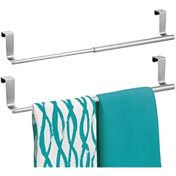 mDesign Adjustable, Expandable Kitchen Over Cabinet Towel Bar Rack - Hang on Inside or Outside of Doors, Storage for Hand, Dish, Tea Towels - 9.25