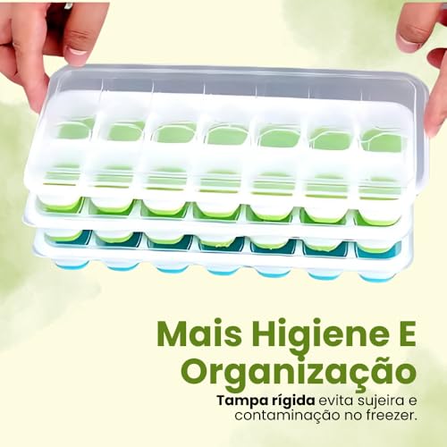 Kit 4 Formas de Gelo com Tampa Rígida Fundo Silicone Flexível 14 Cubos | Ideal para Bebidas, Ideal para Frutas, Ideal para Papinha, Ideal para Alimentos