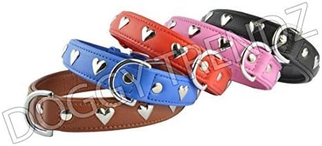 Super Soft Real Leather Dog Collar Hearts Studs Black Havana Red Blue Pink (20-Inch, Red)