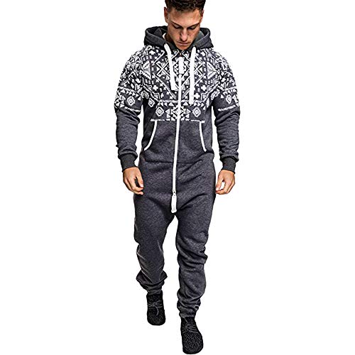 Voberry Xmas Matching Pajamas, Men's Christmas Jumpsuit Pjs Elk Print Long Sleeve Hoodie Front Zipper Autumn Winter Casual Romper Onesie Sleepwear Nightwear Nightgown Loungewear (Large, Gray)