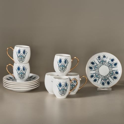 Karaca Iznik Turkish Coffee Cup Set for 6 People - 12 Piece Cups with Saucers - Small Porcelain Set - Ideal for Serving Greek, Arabic Coffee & Espresso (90 ml)
