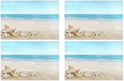 Sea Shell Pearl On Sun Beach Kitchen Printed Stain Resistant Heat Insulation Washable Square Table Mat Placemat for Baby and Women's Round Dinning Table 12" X 18" Set of 4 Pcs