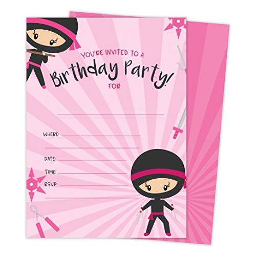 Ninja Girl 1 Happy Birthday Invitations Invite Cards (25 Count) With Envelopes & Seal Stickers Vinyl Girls Kids PartyNinja Girl 1