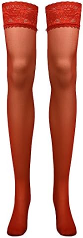 Women's Silicone Top Stockings Lace Silk Thigh High Socks Red