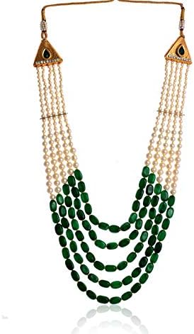 Sonal Fashion Jewellery Gold Plated Pearl Beads Traditional Cubic Zirconia Sherwani Necklace for Men Groom