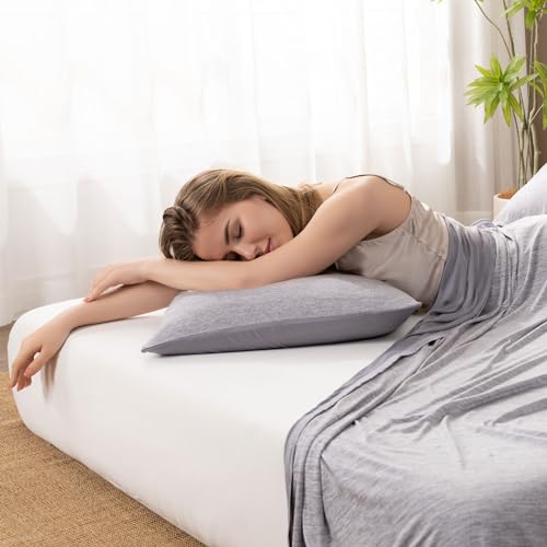 HOMFINE Cool Pillow Cases Pack of 2, Japanese Cooling Fibre Q-Max 0.45, Breathable Soft Pillow Protector with Hidden Zip, Grey 50 x 75 cm