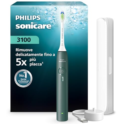 Sonicare Serie 3100 - Spazzolino elettrico sonico con sensore di pressione, 3 intensità, EasyStart, SmarTimer, autonomia 14 giorni, custodia, verde bosco, HX4033/26, [Nuovo]