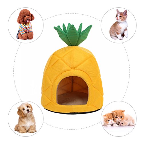 Petacc Pineapple Pet Bed Creative Dog House Cozy Pet Nest Adorable Dog Cave for Small-sized Pets, Yellow
