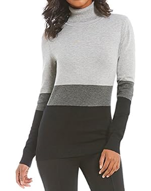 Ribbed Turtleneck Long Sleeve Fine Gauge Knit Colorblock Sweater
