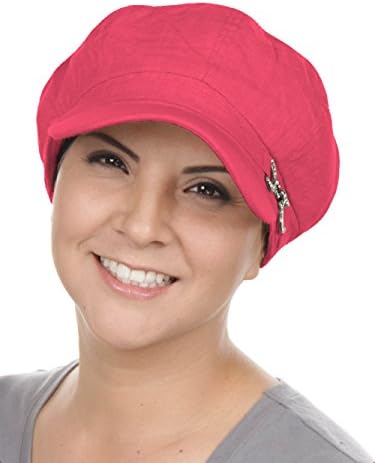 Womens Linen Newsboy Summer Hat with Rhinestone Buckle Brim, Cotton Lined, Stretch Band Pink