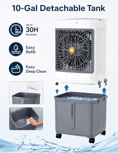 Swamp Cooler, Portable Air Conditioners Evaporative Air Cooler with 10GAL Detachable Tank, Windowless AC Unit Cooling Fan That Blow Cold Air with 120° Swing, 3 Speeds, Timer for Garage Patio Workshop