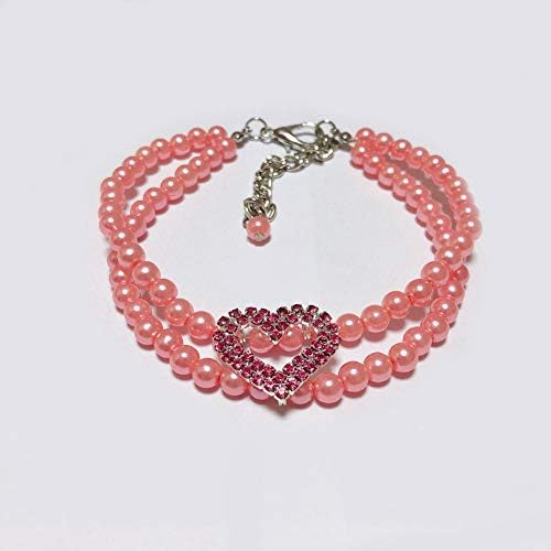 PetFavorites 2 Rows Dog Pearls Necklace Collar for Small Dogs Girl - Bling Cat Wedding Collar Pet Jewelry with Rhinestone Heart Charm - Female Chihuahua Yorkie Clothes Costume Outfits Accessories