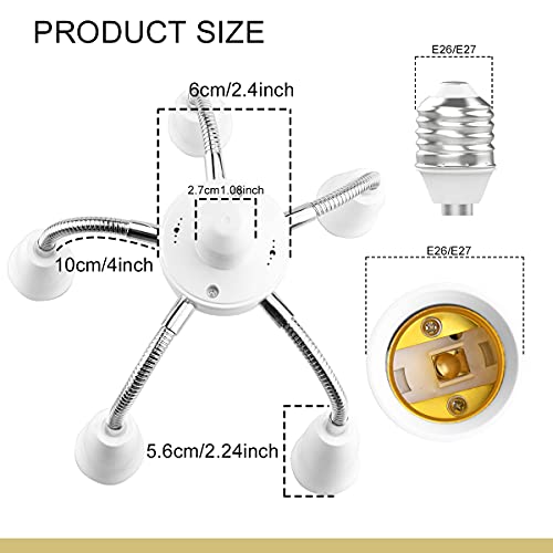 Splitter Socket Adapter 6 in 1 E26 E27 Light Socket Splitter Bulb Lamp Holder Adapter Lengthen Standard LED Bulbs Holder Base Adapter Converter with Extension Hose 360 Degrees Adjustable