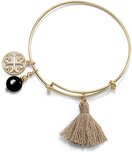 1.5mm Expandable Gold Tone Fashion Bangle Bracelet, Tan Tassel, Charms