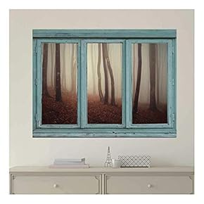 Vintage Teal Window Looking Out Into a Foggy Sepia Forest - Wall Mural, Removable Sticker, Home Decor - 24x32 inches