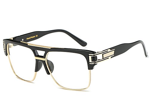 Allt Square Aviator Large Fashion Sunglasses For Men Women Goggle Alloy Frame Glasses (Black Gold/Clear, 61)