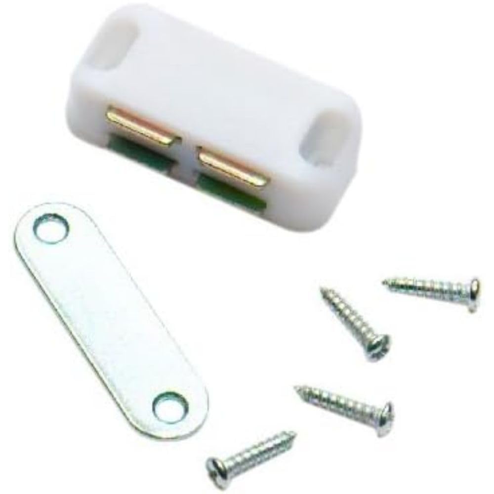 Merriway BH00073 (12 Pcs) White Magnetic Cupboard Door Catches, Medium 42 x 20mm (1.1/2 inch x 3/4 inch) with Single Plate and Screws, 6 kg (13lb) Pull Strength - Pack of 12 Pieces