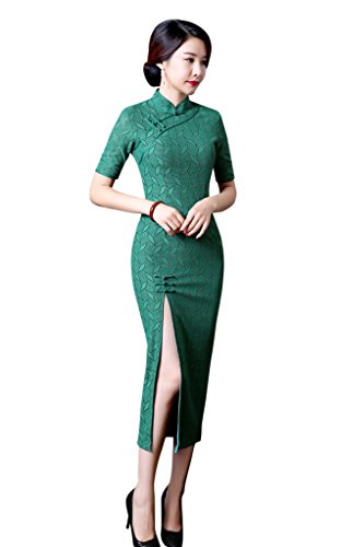 ACVIP Women Rhombus Lace Chinese Green Dress Long Qipao Cheongsam