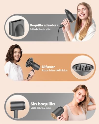 DEWILY 1800W Ionic Hair Dryer with Diffuser – Quick Drying with Hot/Cold Button, Thermostatic Diffuser, 3 Temperatures and 2 Speed, Includes Concentrator and for Curls, Black and Gold