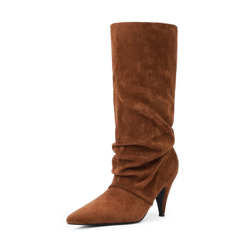 Photo 1 of Modatope Brown Suede Slouchy Mid Calf Boots Pointed Toe Chunky Heel Womens Boots Size 7