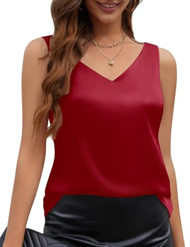 CMTOP Women's Sleeveless Shirt V Neck Satin Camisole Top Elegant Sexy Blouse Shirt Casual Cami Tank Tops