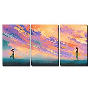 3 Piece Canvas Wall Art - Man and Woman Standing Opposite of Each Other Against Colorful Sky,Illustration Painting - Modern Home Art Stretched and Framed Ready to Hang - 16"x24"x3 Panels