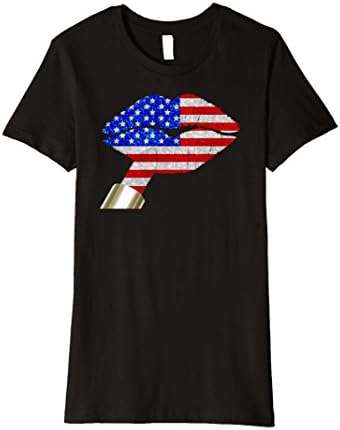 Womens Red White Blue flag lips kiss on sexy lipstick tee shirt XL Black