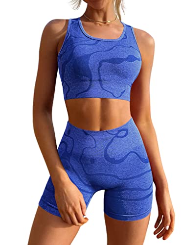 GXIN WOMEN’S WORKOUT 2 PIECE OUTFITS HIGH WAIST RUNNING SHORTS SEAMLESS GYM YOGA SPORTS BRA DARKBLUE