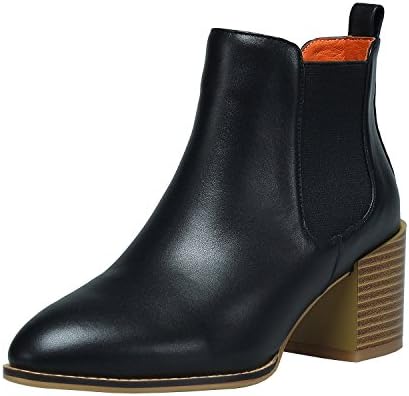 Women's Genuine Leather Ankle Boot High Chunky Heel Shoes Comfortable Elastic Pointed Toe Cowboy Bootie (8, black)