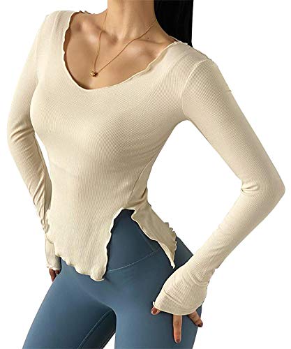 Angcoco-Womens-Activewear-Long-Sleeve-Side-Slit-Crop-Top-Tee-Shirt