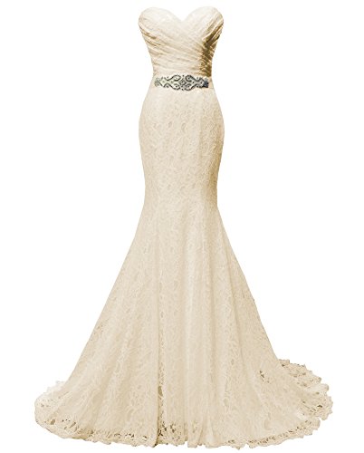 Solovedress Women's Lace Wedding Dress Mermaid Evening Dress Bridal Gown with Sash (US 8, Champagne)