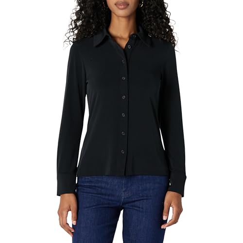 Amazon Essentials Women's Regular-Fit Matte Jersey Button-Down Shirt, Black, X-…